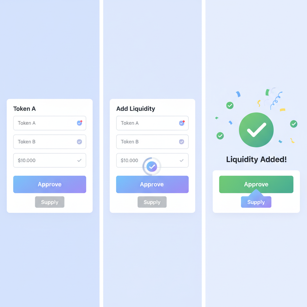 Aerodrome add liquidity form, approve and supply buttons, success animation