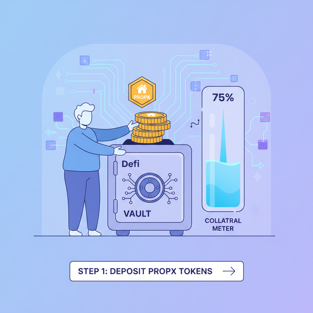 user depositing shiny PROPX real estate tokens into DeFi vault, collateral meter filling, blockchain graphics