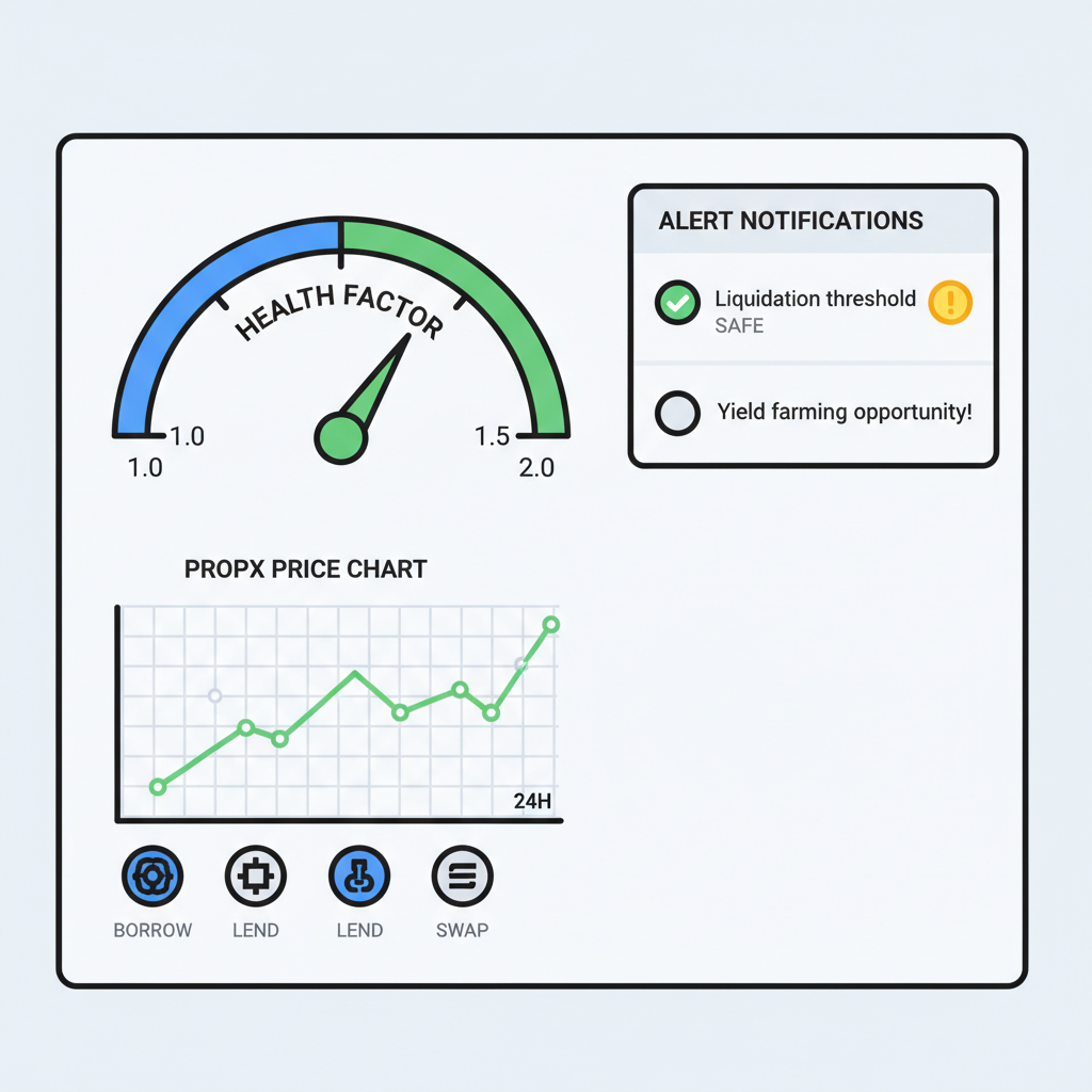 DeFi dashboard monitoring health factor gauge above 1.5, PROPX price chart, alert notifications