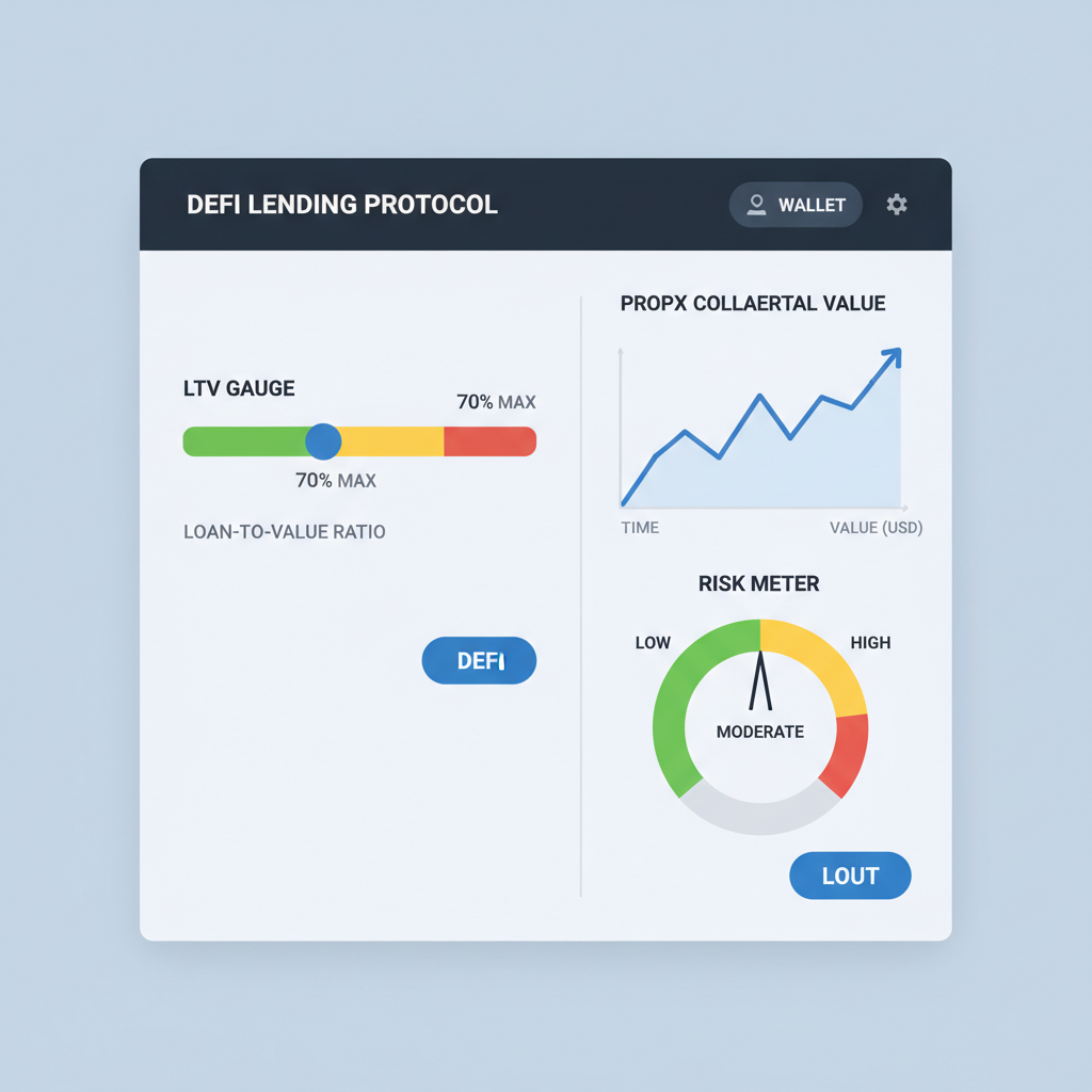 sliding LTV gauge at 70% max, PROPX collateral graph, risk meter, professional DeFi interface