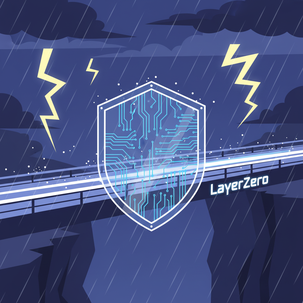 cyberpunk shield barricading glowing LayerZero blockchain bridge in thunderstorm
