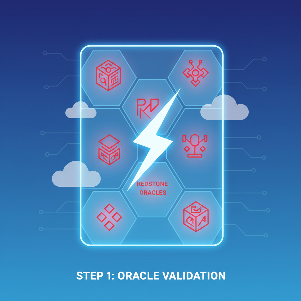 futuristic insurance contract with Redstone oracle icons struck by cloud lightning