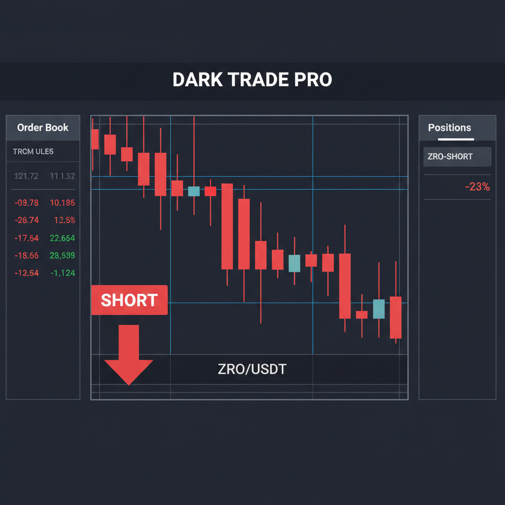 dark trading terminal chart shorting ZRO token amid crashing red candles