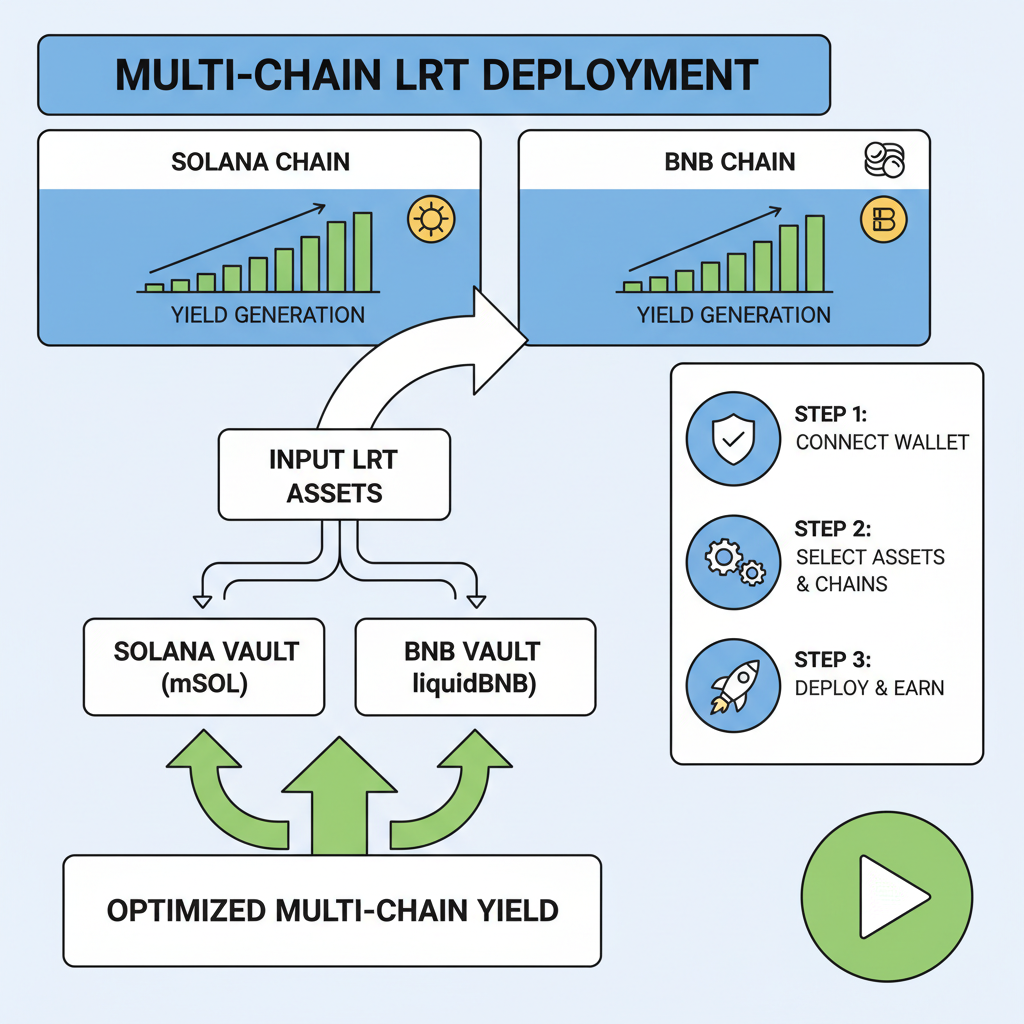 DeFi dashboard deploying LRT on solana and bnb chains, yield charts rising, innovative multi-chain strategy interface