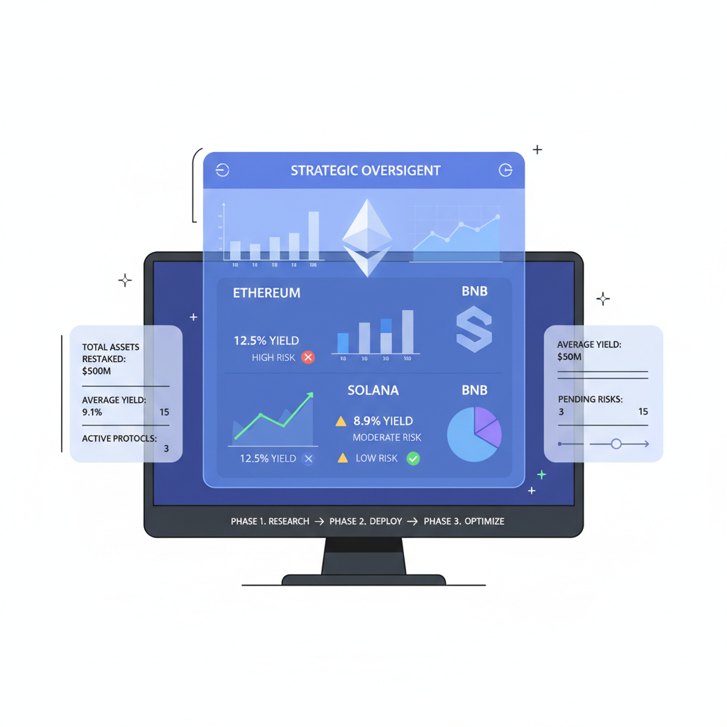 advanced analytics dashboard monitoring restaking yields and risks, holographic charts with ethereum solana bnb, strategic oversight