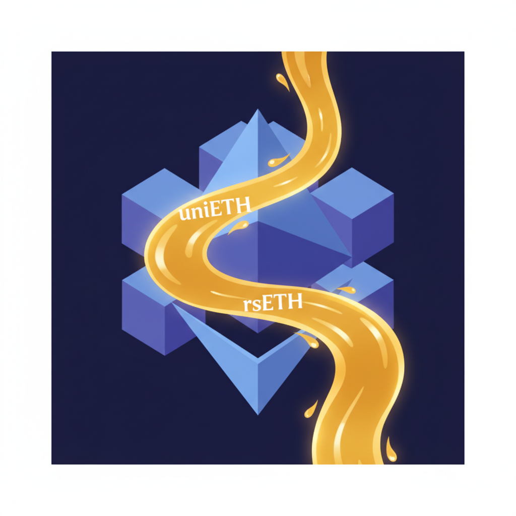 glowing liquid restaking token uniETH or rsETH emerging from ethereum blockchain, ethereal liquid gold flow, sophisticated digital art