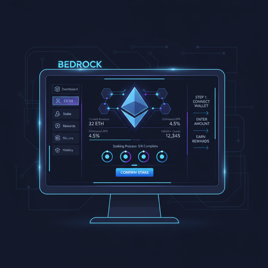 sleek ethereum staking interface on bedrock dashboard, futuristic blue neon glow, high-tech DeFi terminal
