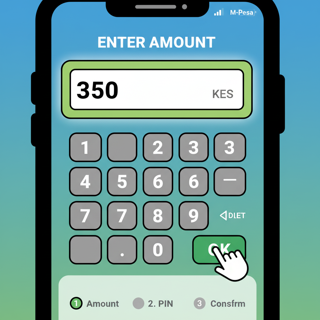 Close-up of phone screen in M-Pesa app, entering 350 KES amount field highlighted, simple numeric keypad