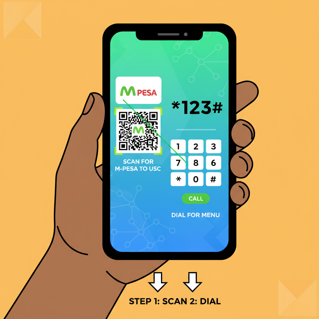 Hand scanning QR code on phone screen for M-Pesa to USDC, or USSD *123# dial pad, vibrant Kenyan mobile interface
