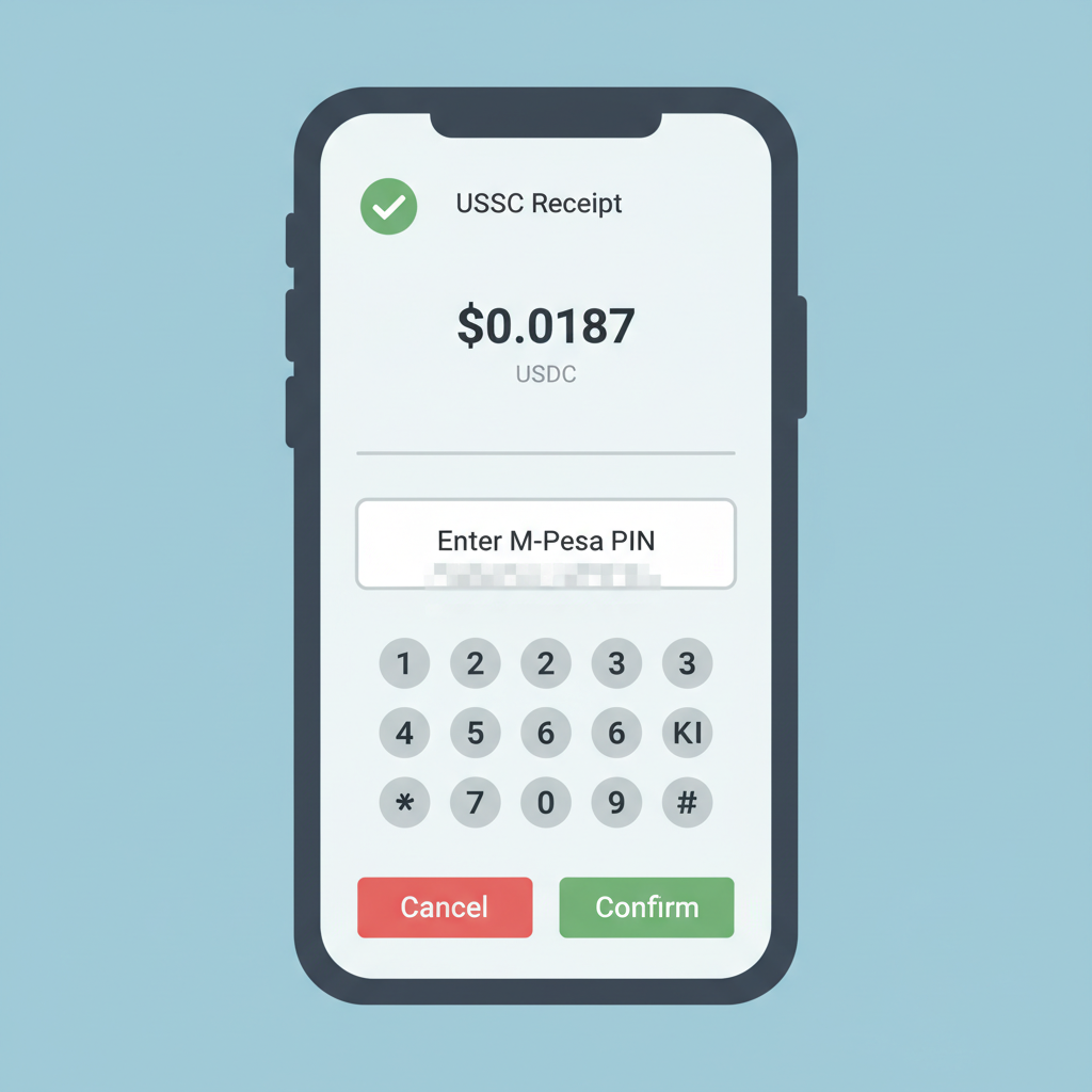 Phone confirmation screen showing USDC receipt at $0.0187, green checkmark, M-Pesa PIN entry blurred