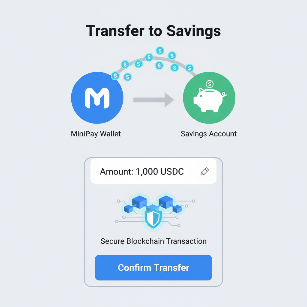 Wallet transfer screen from MiniPay to savings account, USDC icons flowing, secure blockchain graphic