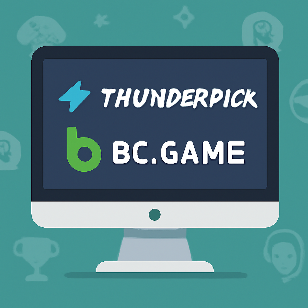 A sleek, modern computer screen displaying the Thunderpick and BC.Game logos, with esports icons and Bitcoin symbols in the background