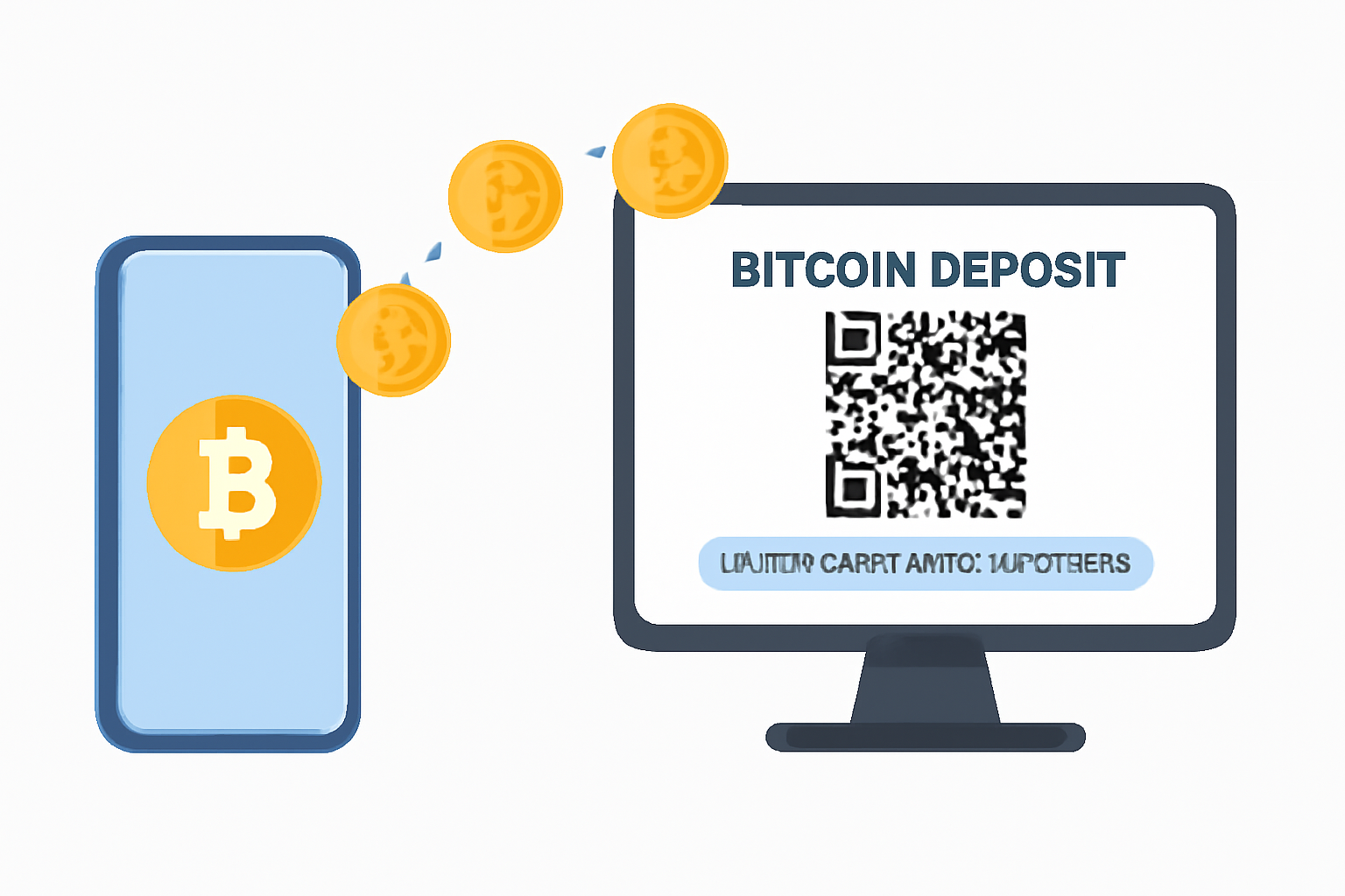 A computer screen showing a Bitcoin deposit page with a QR code and wallet address, with coins transferring from a phone to the site