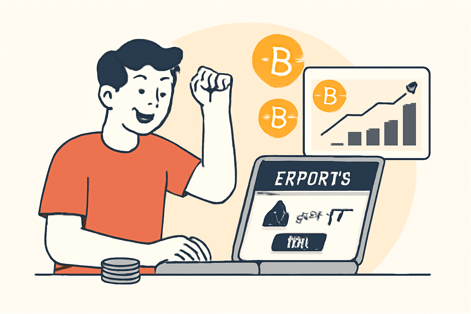 A user excitedly placing esports bets on a site, with Bitcoin icons and graphs showing bankroll management