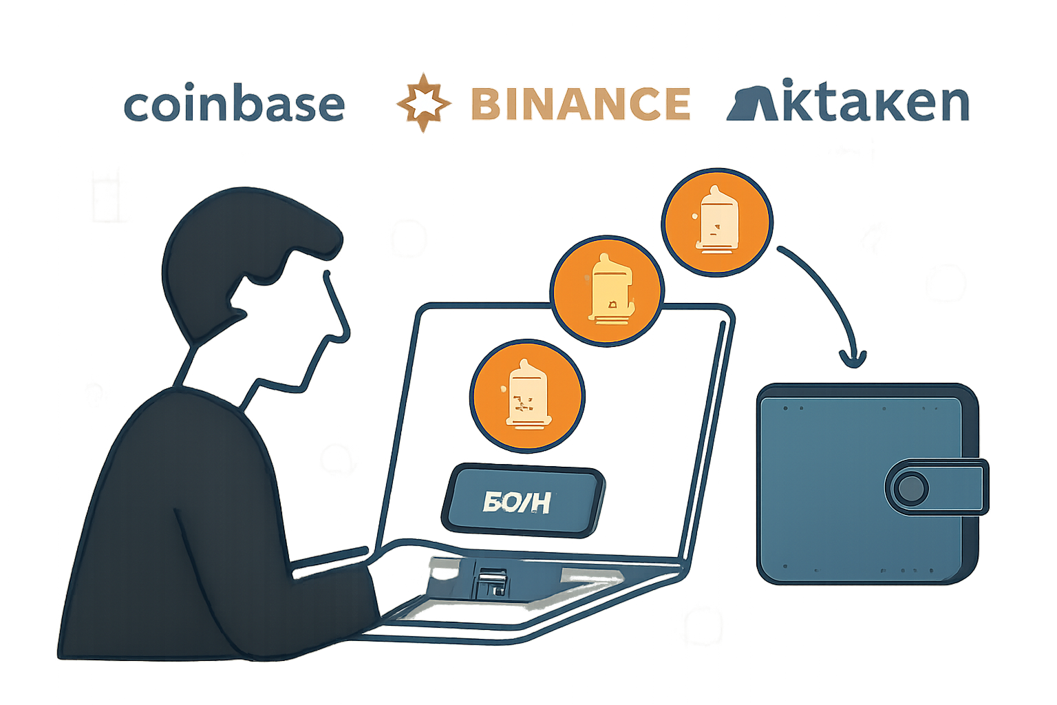 A user buying Bitcoin on a laptop, with Coinbase, Binance, and Kraken logos, and Bitcoin coins moving into a digital wallet