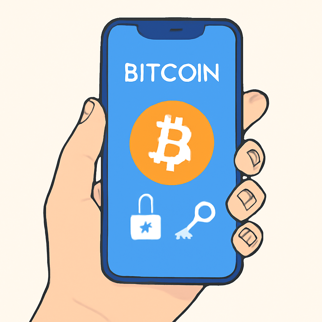 A hand holding a smartphone showing a Bitcoin wallet app, with a secure lock and digital key icons