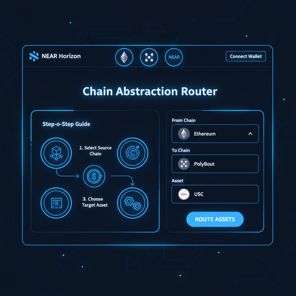 clean web interface for NEAR chain abstraction router dApp, futuristic UI with blockchain icons, blue neon glow
