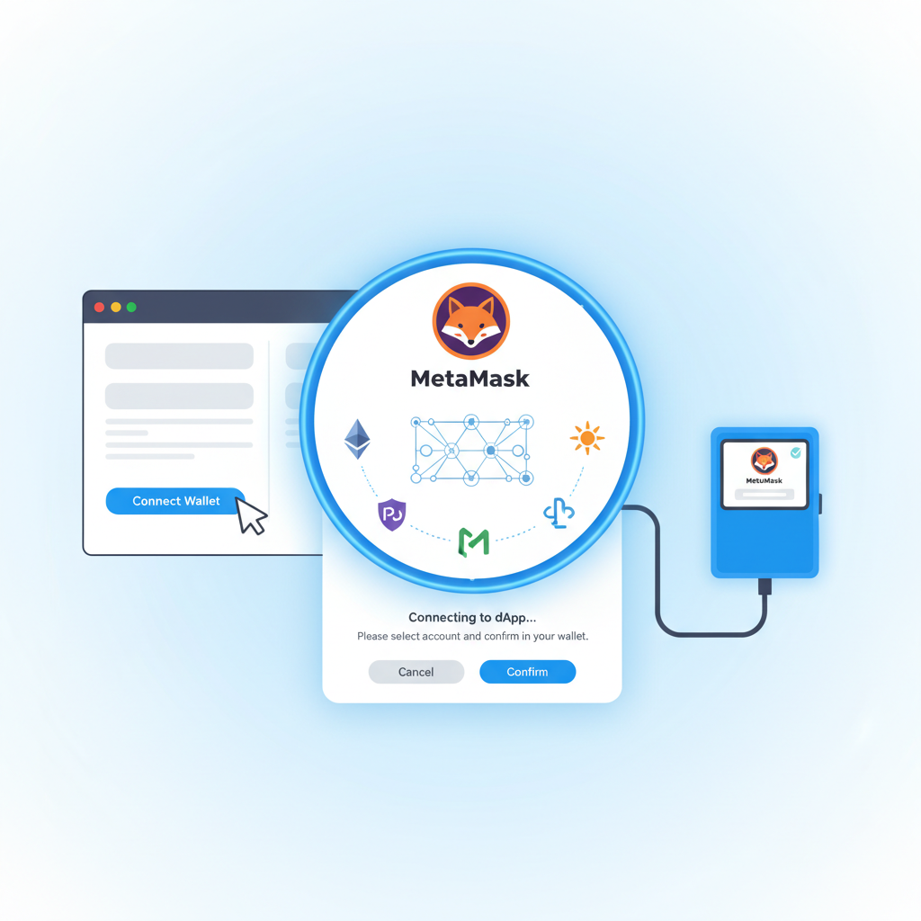 user connecting wallet to dApp, pop-up window with MetaMask logo, blockchain network icons connecting