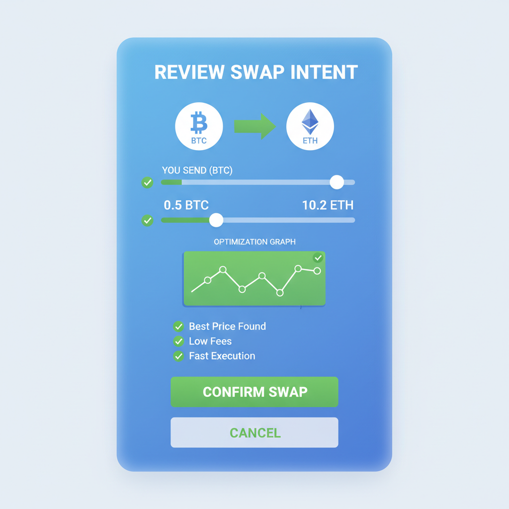 intent review screen with BTC to ETH swap, amounts sliders, optimization graph, green checkmarks