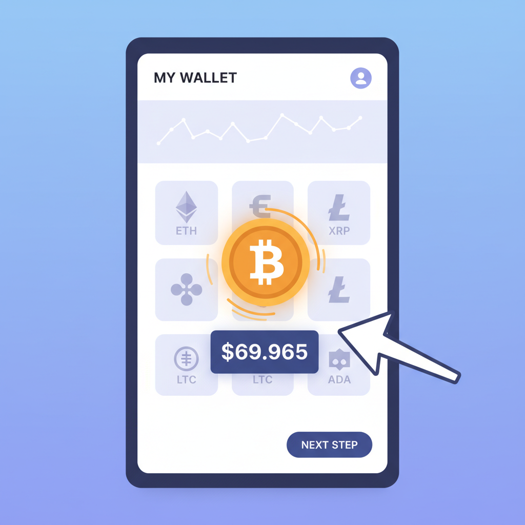 crypto wallet dashboard selecting Bitcoin BTC icon, price tag $69,965, glowing coin animation