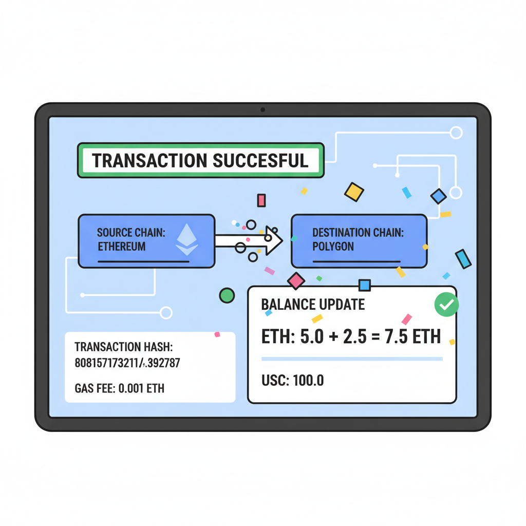 blockchain explorer view showing successful cross-chain deposit, ETH balance updated, confetti effects