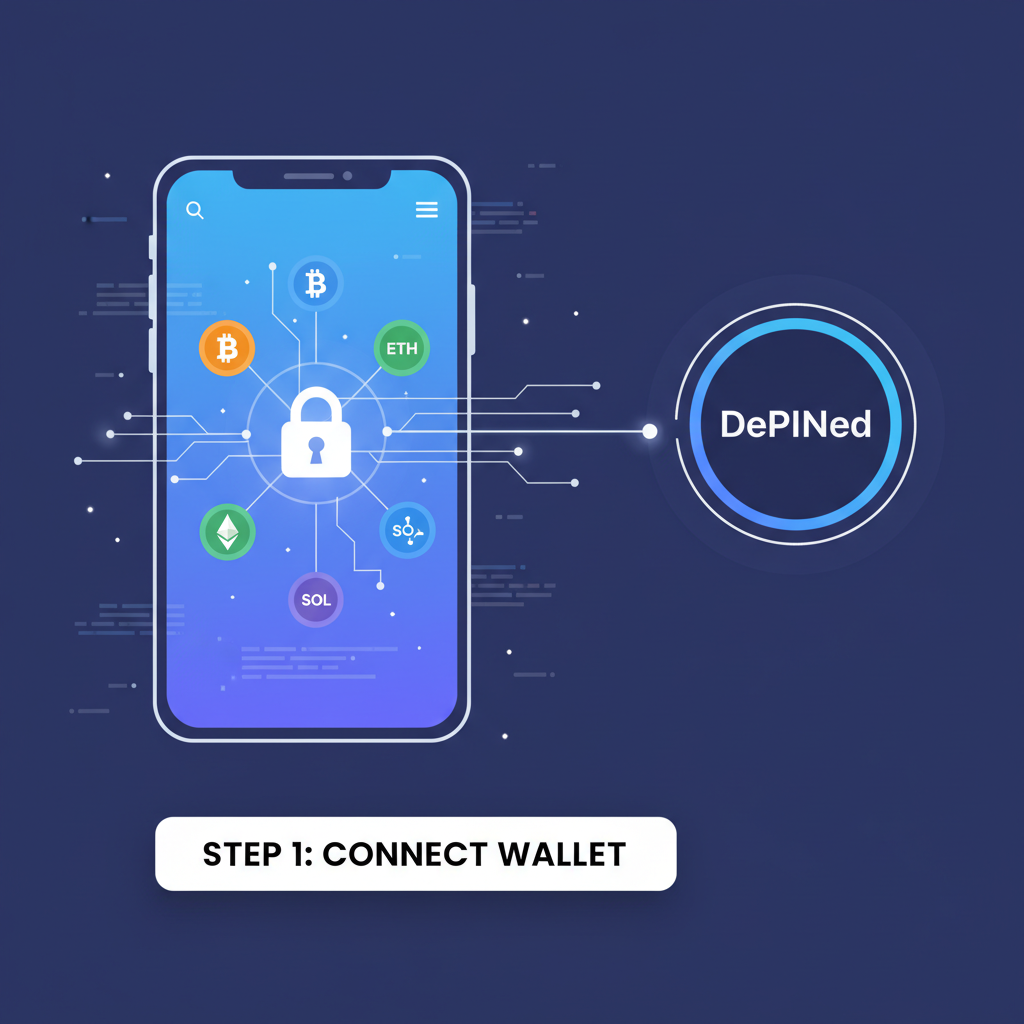 wallet connecting to DePINed app, crypto icons linking, secure lock symbol, vibrant digital wallet UI