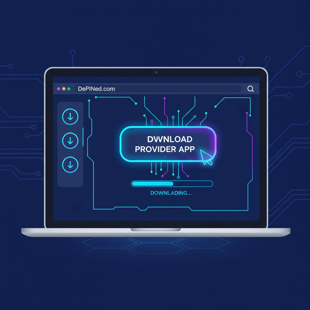sleek laptop downloading DePINed Provider App from website, futuristic UI, neon glows, high-tech vibe