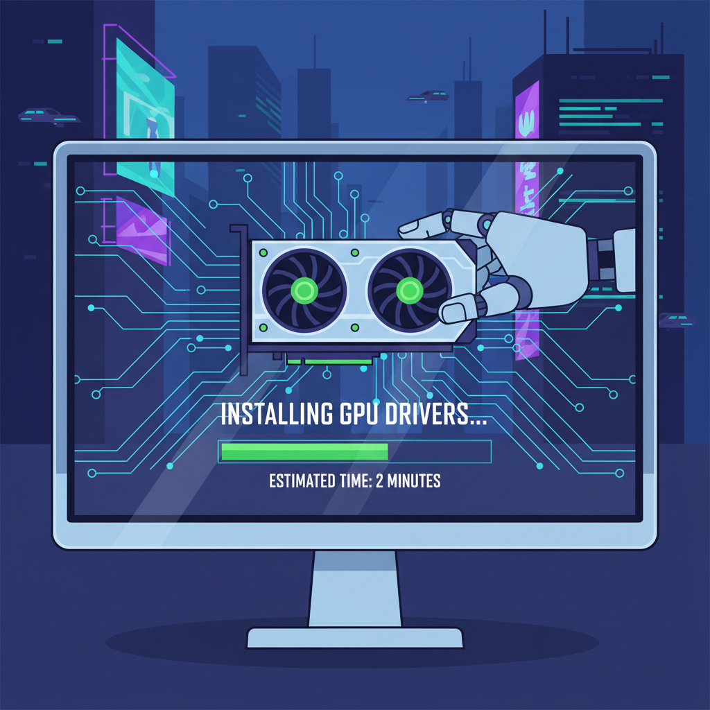 gaming PC installing GPU drivers, green progress bar, circuit board glow, cyberpunk style