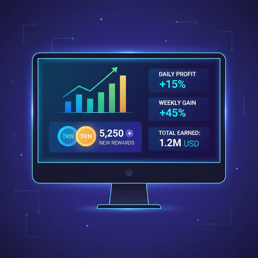 glowing earnings dashboard on monitor, rising charts, token rewards, futuristic analytics screen
