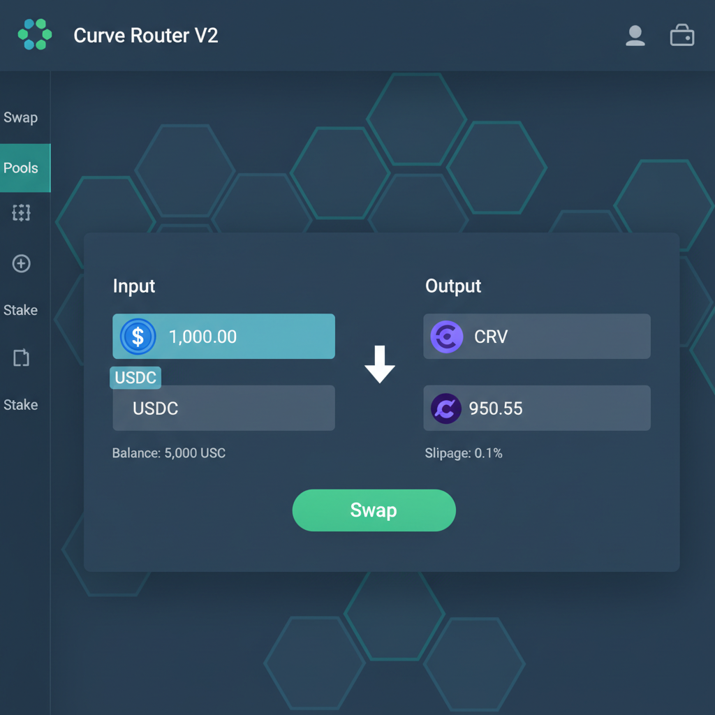 Curve Router V2 dashboard screenshot, swap interface with USDC input selected, professional DeFi design