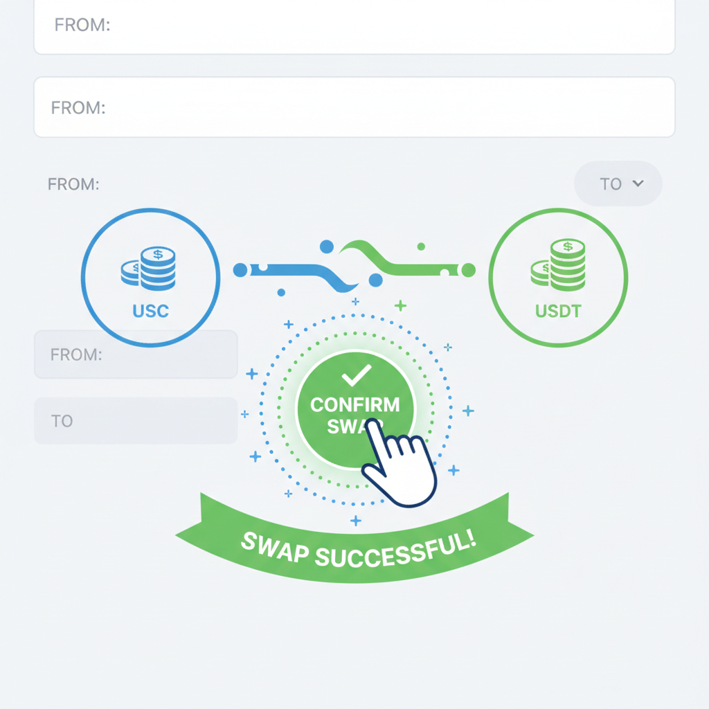 confirm swap button on Curve interface, success animation, USDC to USDT flow visualization