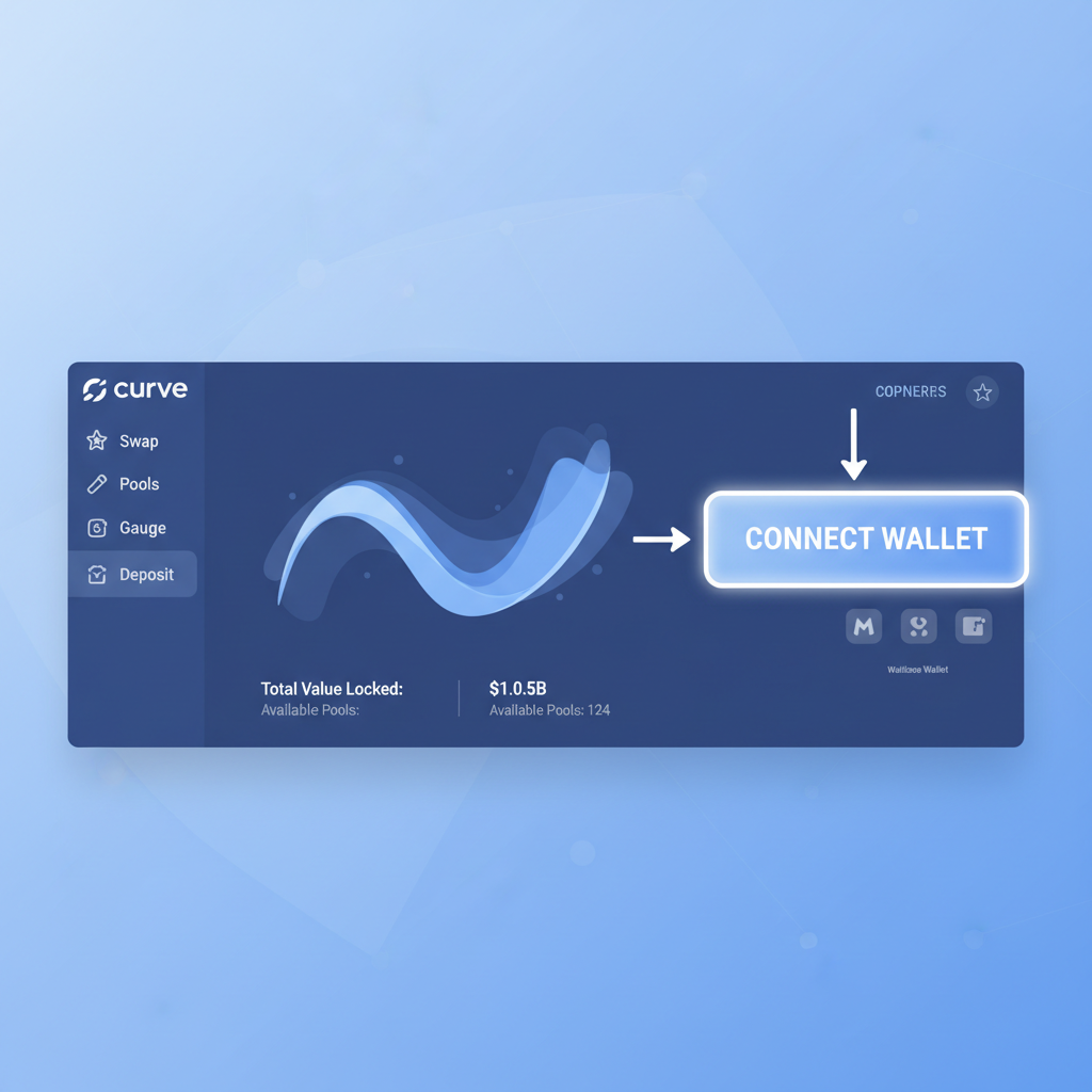 clean Curve Finance interface with wallet connect button highlighted, modern DeFi UI, blue tones