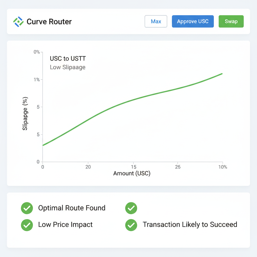 slippage preview graph on Curve Router, low slippage line chart USDC to USDT, green success indicators