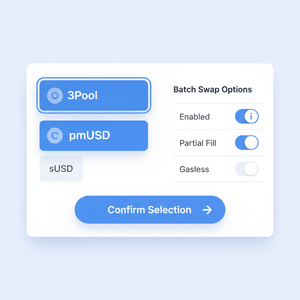 Curve Router pool selection screen, 3Pool and pmUSD highlighted, batch swap options visible, sleek UI