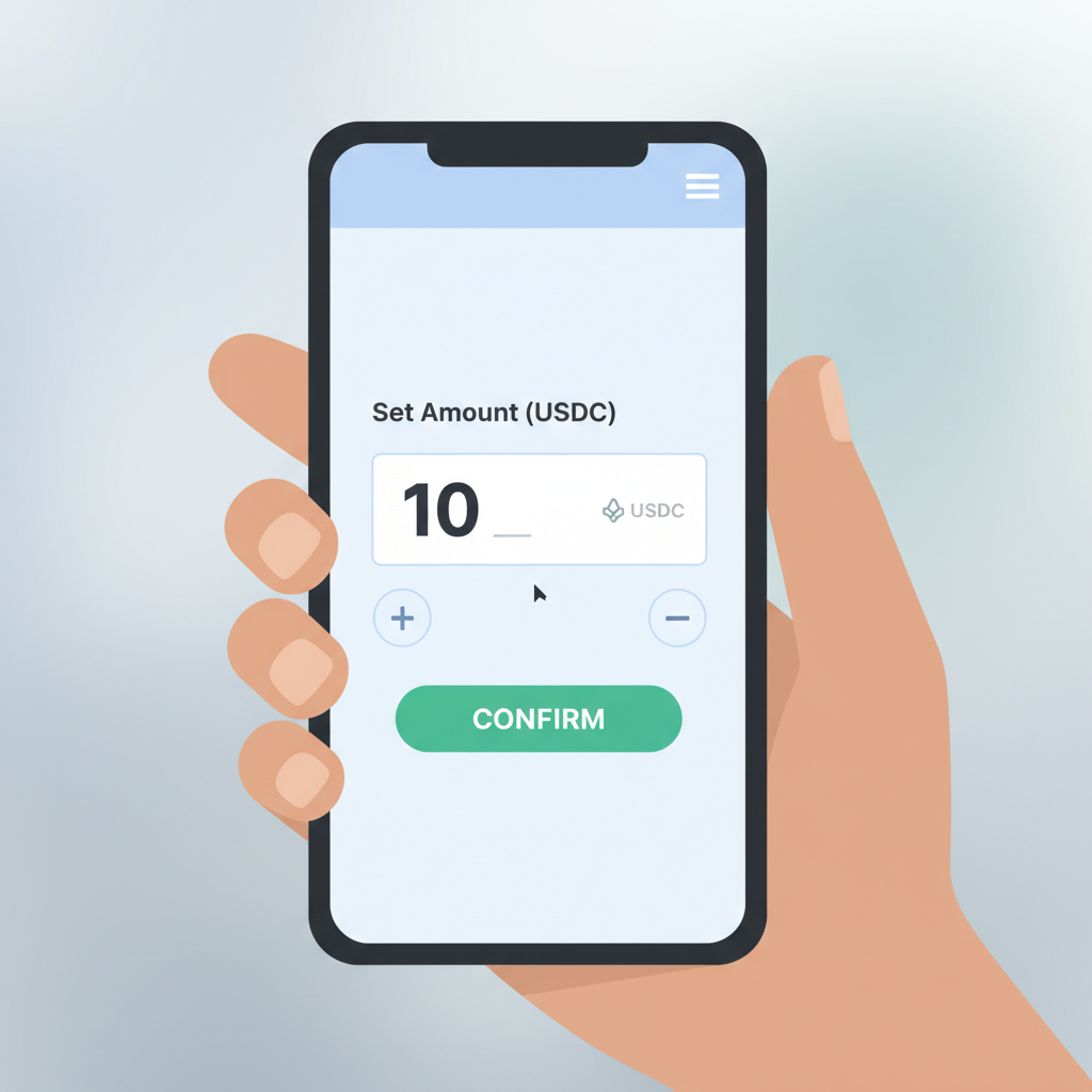close-up of input field on website setting USDC amount to 10 on mobile screen held by vendor