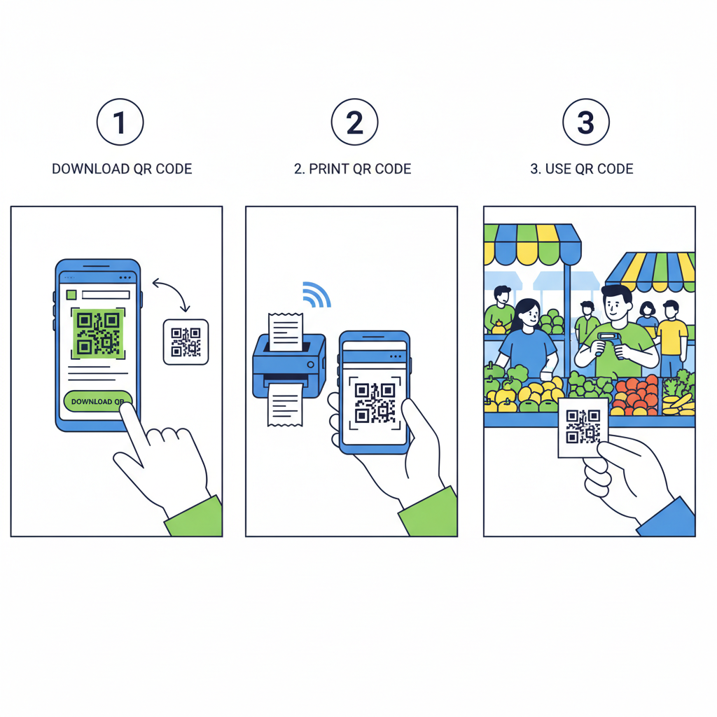 downloading QR code from website to phone, then printing on small printer, street market setting