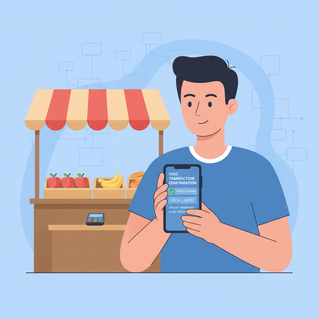 vendor checking blockchain explorer on phone for USDC transaction confirmation