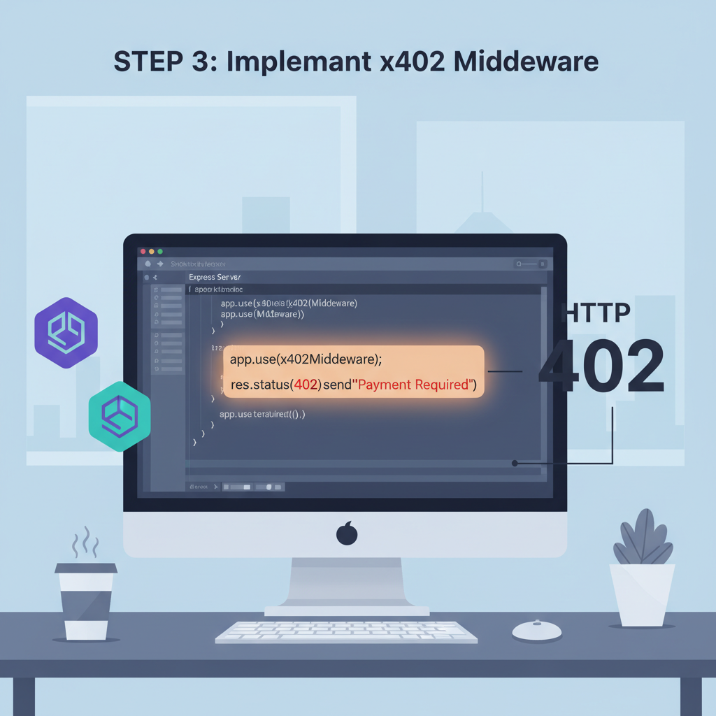 Code snippet adding x402 middleware to Node.js Express server, HTTP 402 status code highlighted, Solana blockchain icons, precise developer workspace