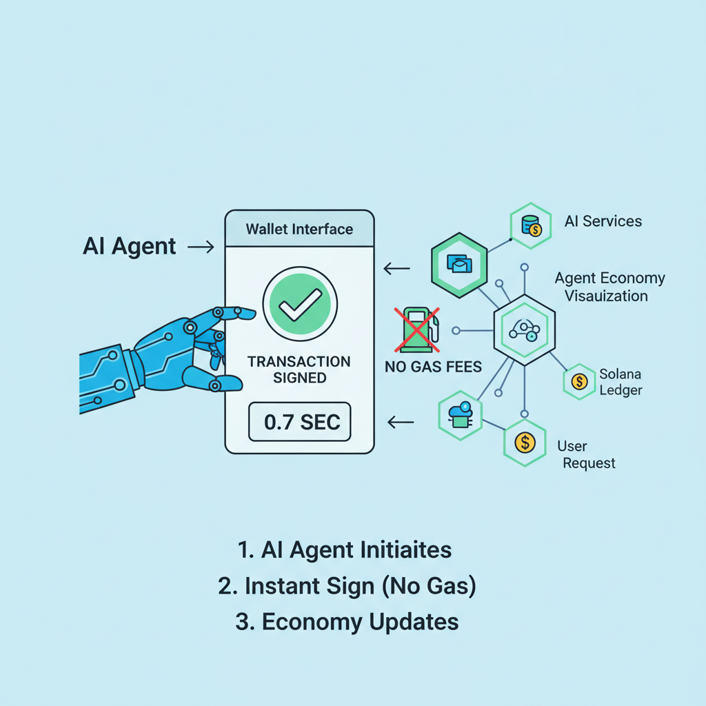 AI agent autonomously signing Solana transaction via wallet, no gas fees icon, sub-second clock, agent economy visualization