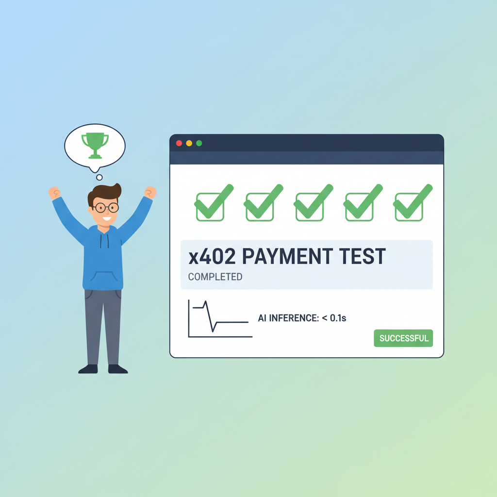Successful x402 payment test, green checkmarks, Solana explorer screenshot, AI inference completing sub-second, triumphant developer
