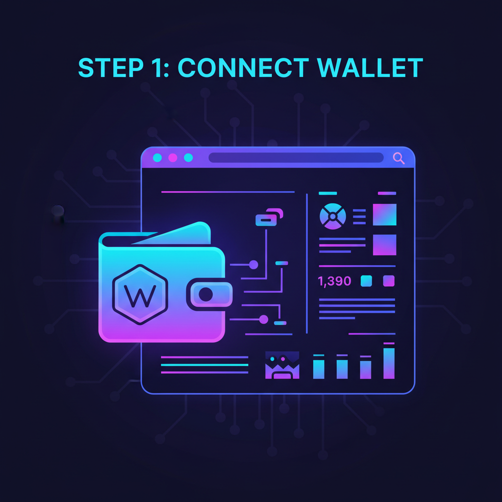 futuristic wallet icon connecting to glowing website dashboard, neon blues and purples, cyberpunk style