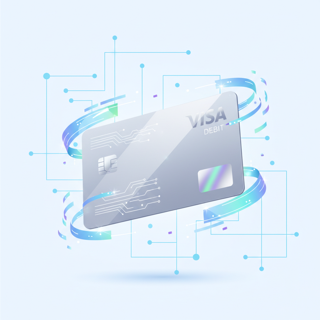 virtual Visa debit card floating with holographic effects, shiny metallic surface, high-tech minimalist background