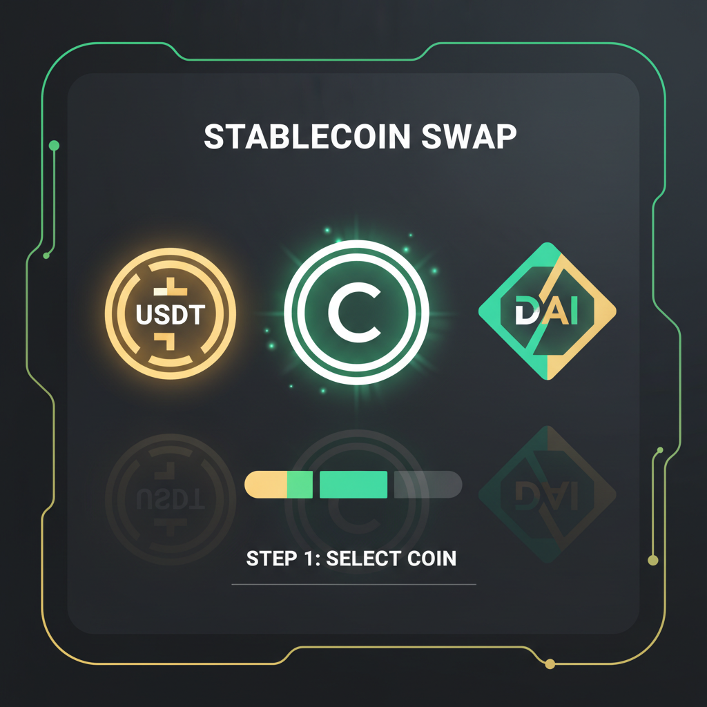 stablecoin icons USDC USDT DAI glowing on a sleek app interface, vibrant green and gold hues, modern UI design