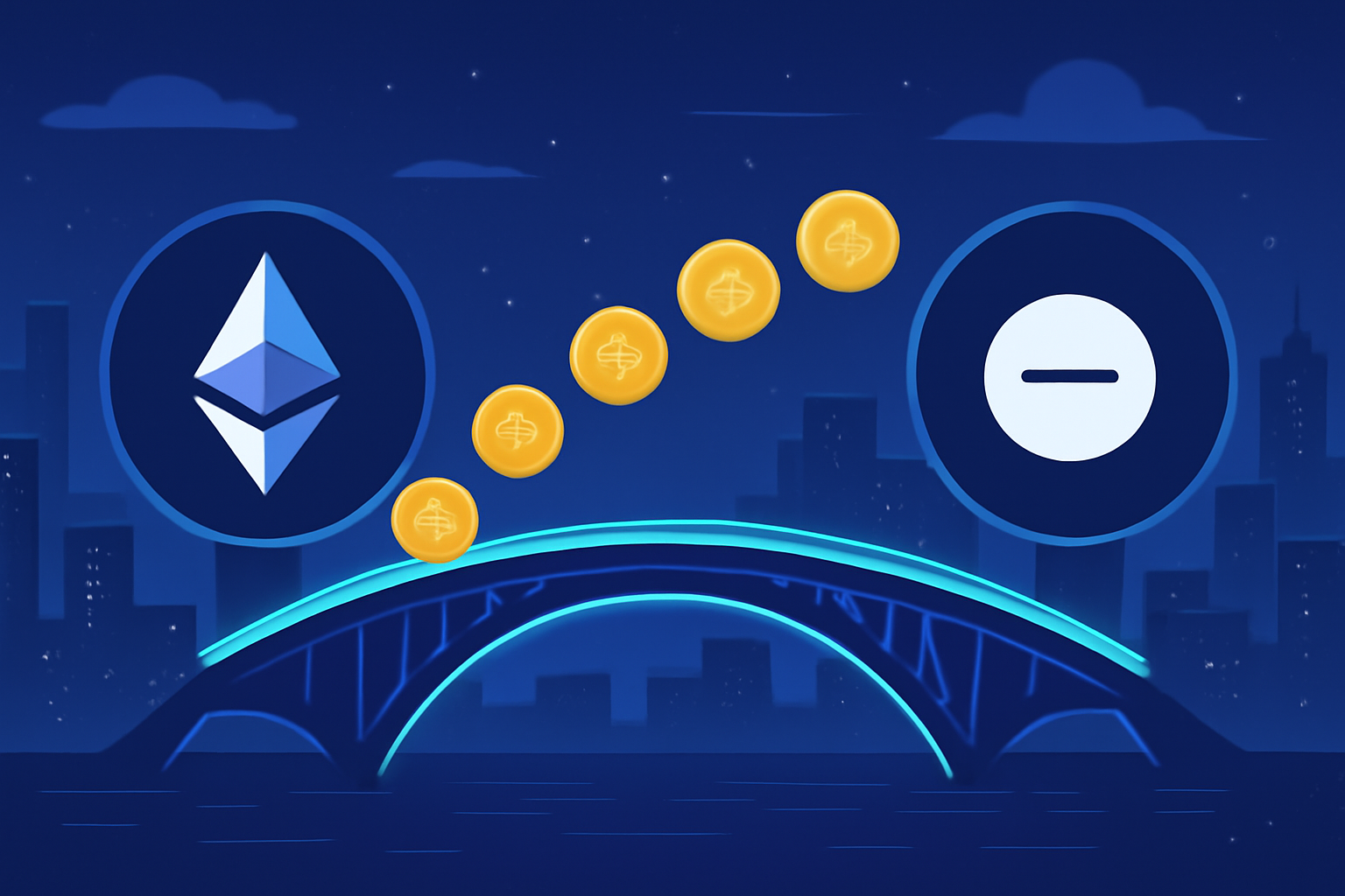 A digital bridge connecting Ethereum and Base logos, with coins moving across the bridge, futuristic style
