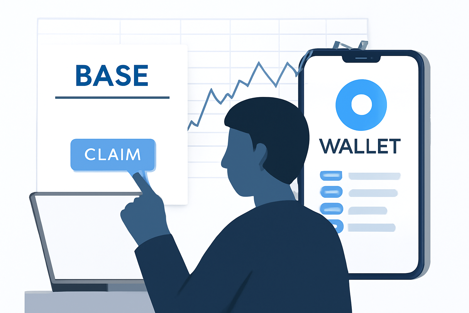 A user clicking 'Claim' on a Base airdrop portal, tokens appearing in their wallet, price chart in background