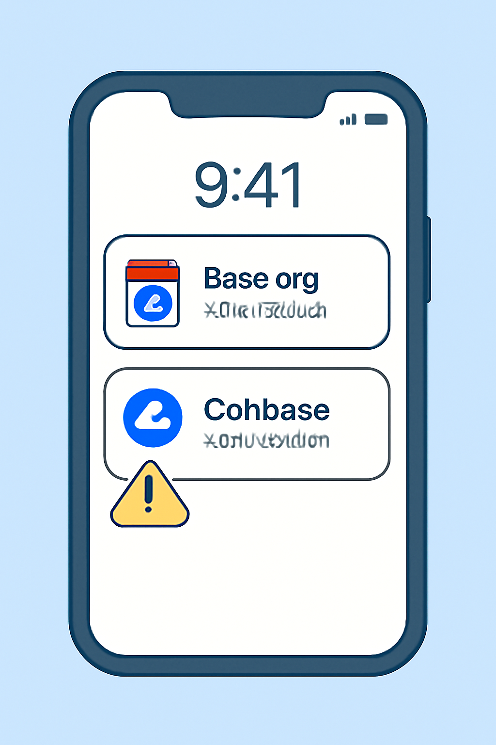 A smartphone screen showing notifications from Base.org and Coinbase, with a calendar and alert icons
