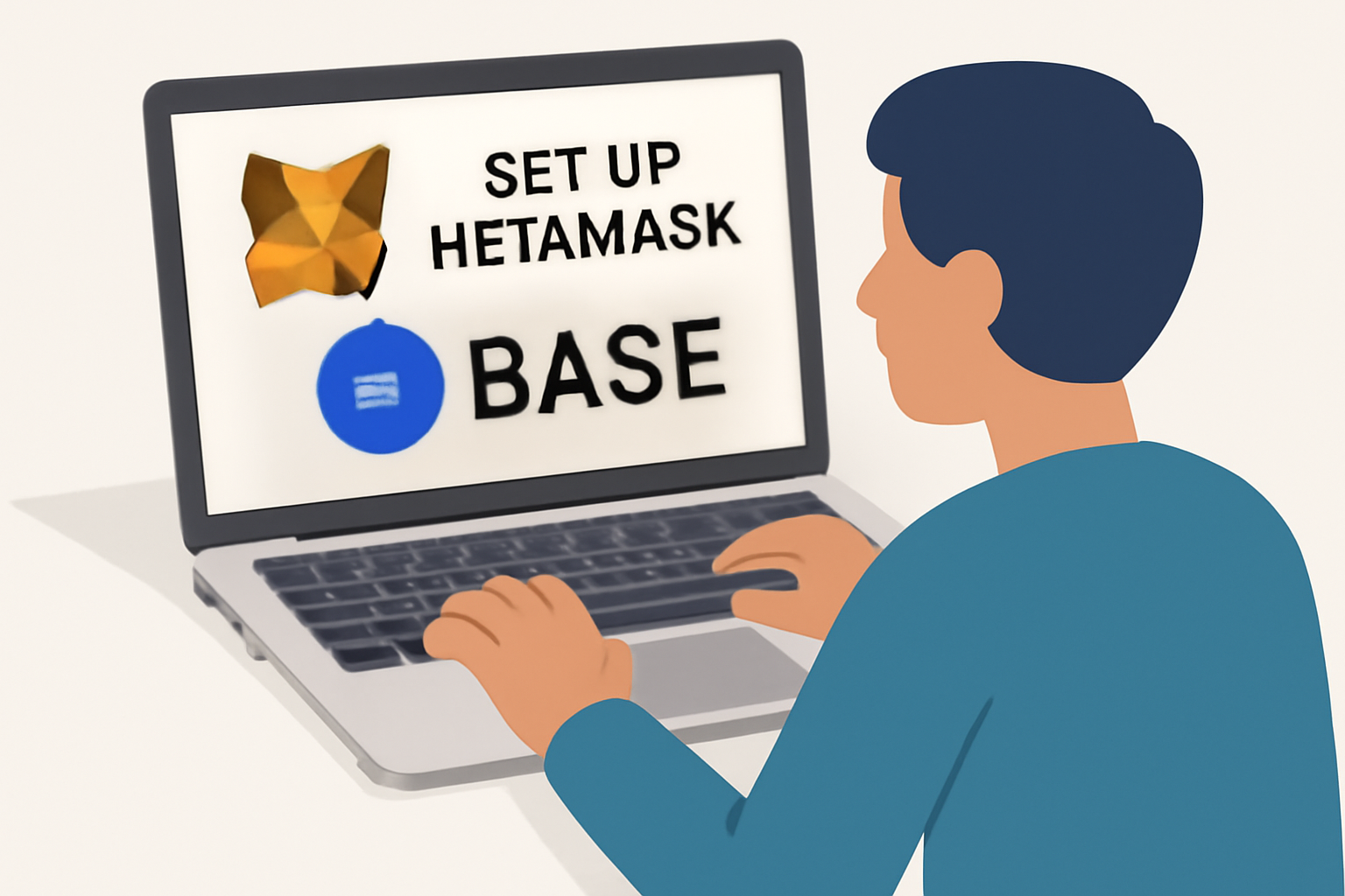 A person setting up MetaMask wallet on a laptop, showing the Base network logo on screen, clean background