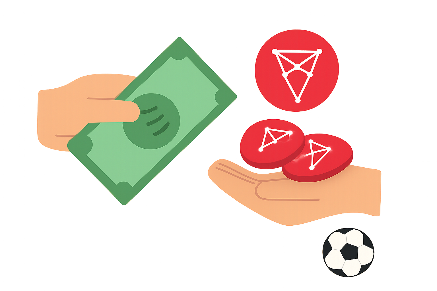 A hand exchanging fiat currency for Chiliz (CHZ) tokens, with the CHZ logo and a soccer theme, simple vector art