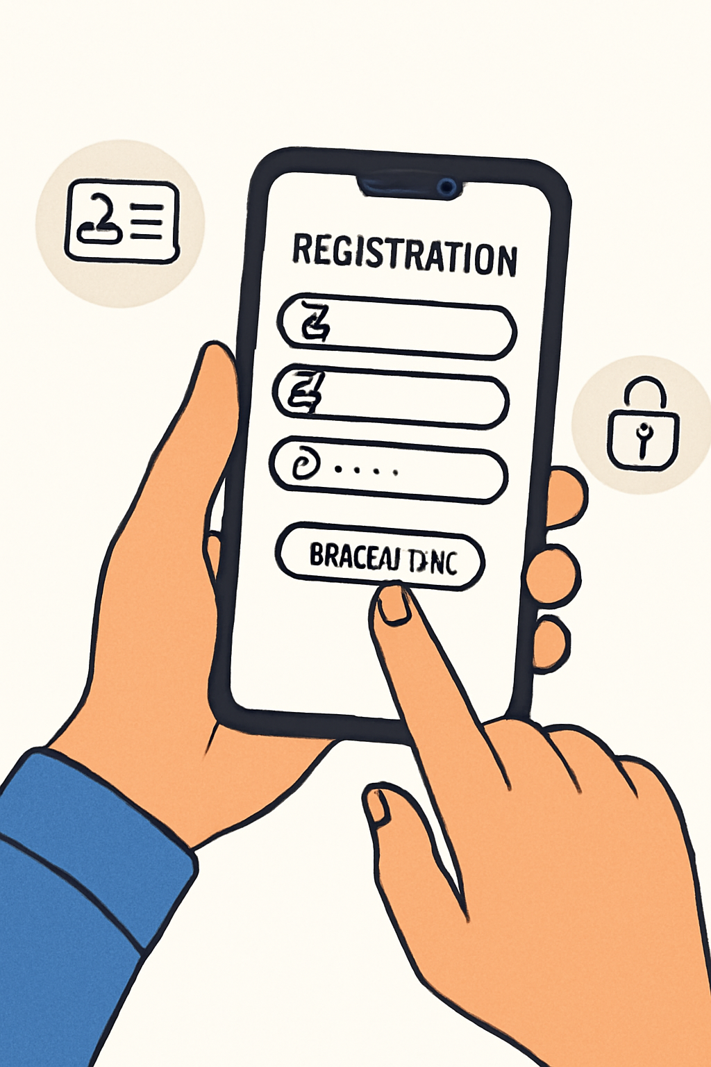 A person filling out a registration form on a smartphone, with ID verification icons and a secure lock symbol, simple and clear
