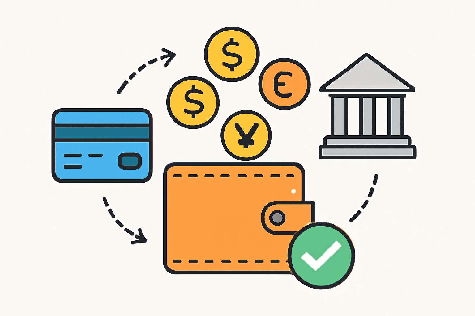 A digital wallet receiving money from a credit card and a bank, with currency symbols and a green checkmark, modern flat design